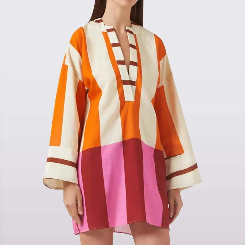 オフィスレディースストライププリントショートドレスカジュアルハイストリートボヘミアンローカットディープVロングスリーブ秋ワンピース