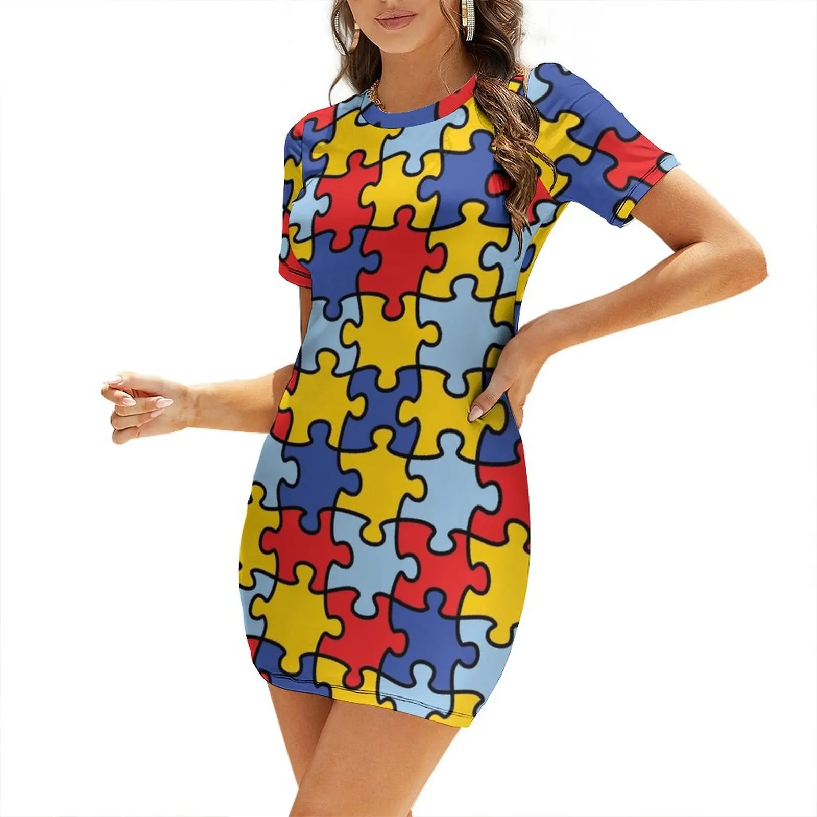 

Autism Awareness Puzzle Pattern Short Sleeved Dress dress for women summer women's suit elegant dress