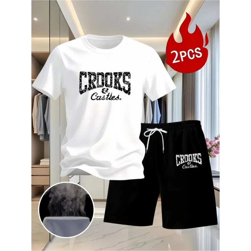 

Crooks & Castles Fashion Print Summer Men's Short-Sleeve T-Shirt with Stylish Shorts Set Casual Comfortable Loungewear