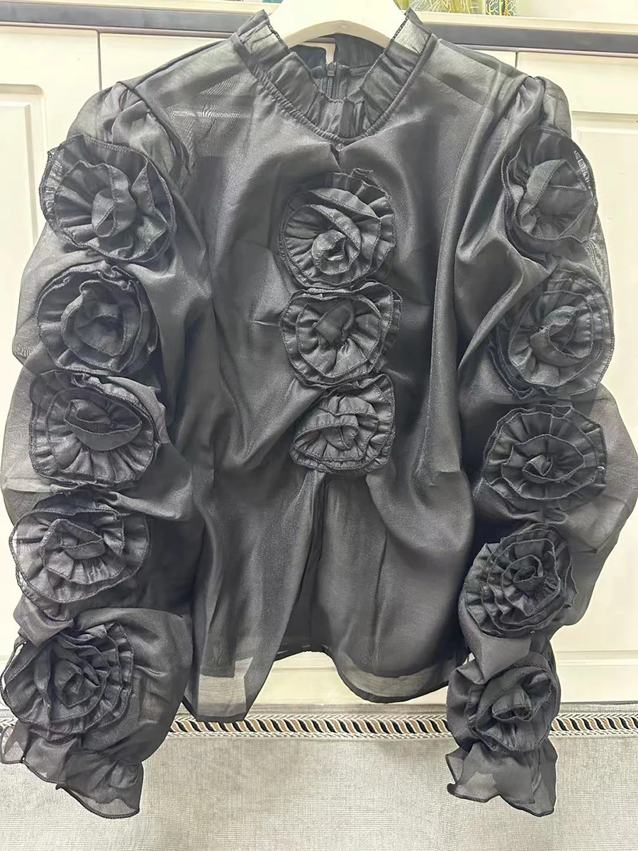 GALCAUR Solido Allentato Impiombato Fiori 3D Camicetta Elegante per Le Donne Girocollo Maniche Lunghe Patchwork Fungo Top Abbigliamento Femminile Nuovo