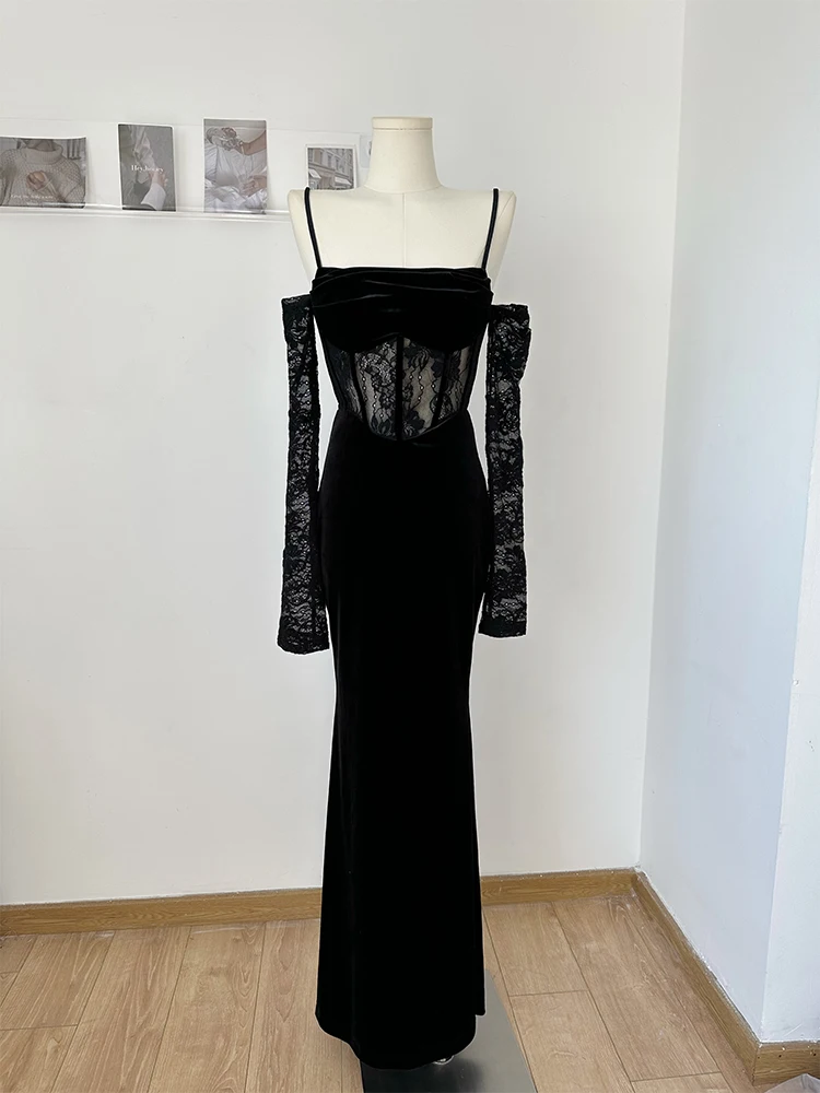 Robe de soirée trapèze en dentelle noire pour femme, robe une pièce, frocs vintage des années 90, vêtements de luxe Y2K, batterie Con, élégant, Off Initiated, 2000