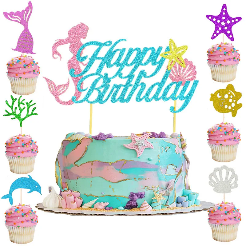 7 teile/beutel Meerjungfrau Kuchen Topper Set Große Meerjungfrau Schwanz Geburtstag Kuchen Dekoration Dusche Bevorzugung Party Liefert