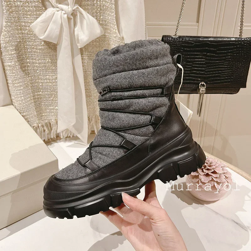 New Round Toe T-tied Keep Warm Short Botas Women Mixed Colors Thick Bottom Snow Boots Winter Waterproof Platform Ski Boots