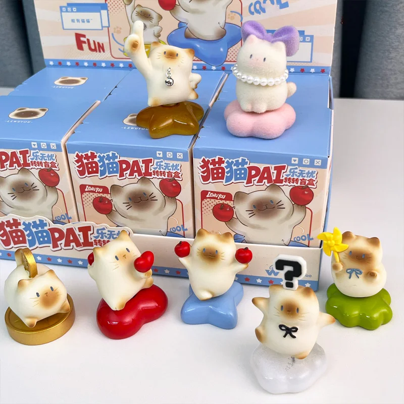 Cat Pai Worry Free Serie Giratoria Caja Sorpresa Colección de Adornos de Escritorio Figura de Gato Giratoria Adorable Juguete Regalo de Cumpleaños y Festividades