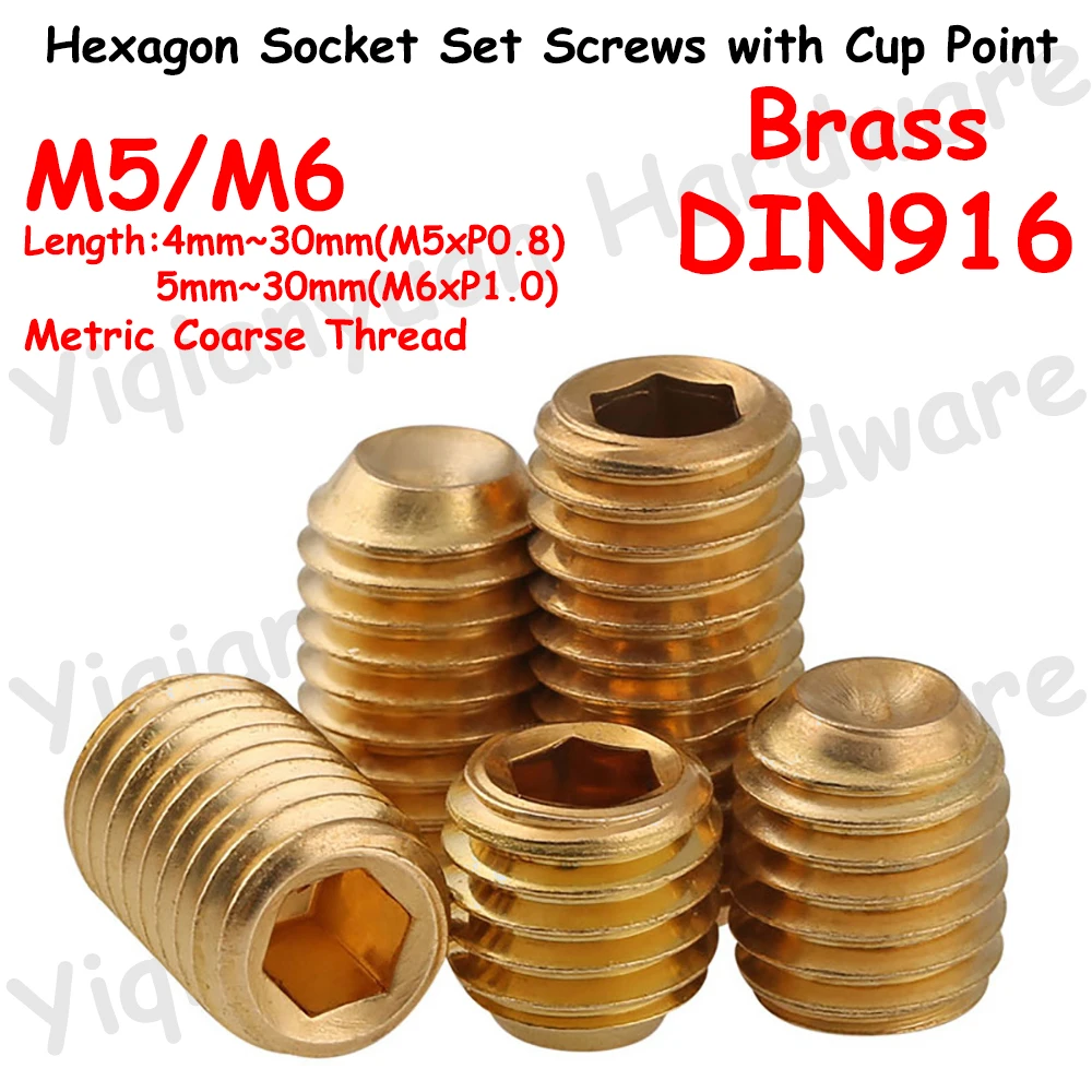 Yiqianyuan DIN916 Brass Set Screws M5 M6 Coarse Thread Hexagon Socket with Cup Point Headless Allen Bolts Copper Grub Screws