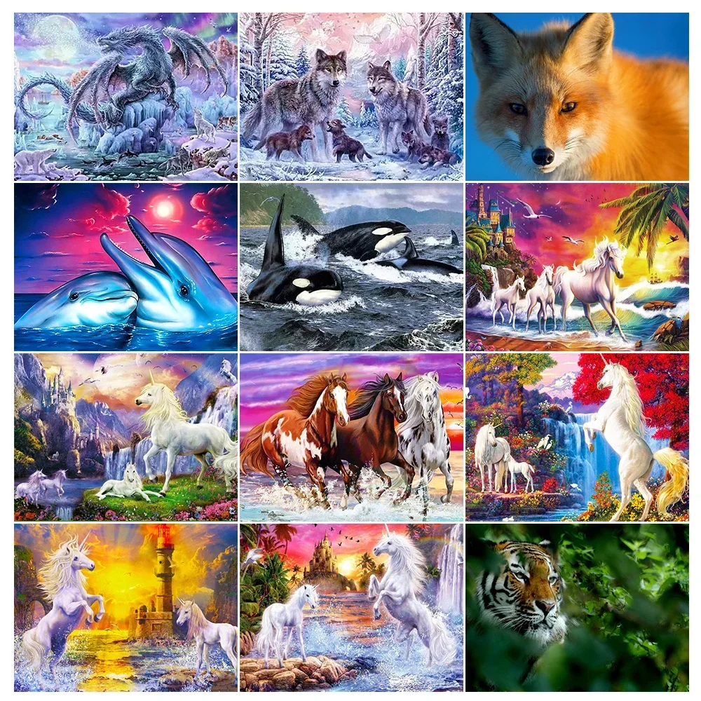 5D DIY Diamond Painting Kits  Animal Series Pictures Diamond Mosaic Wolves Unicorn Horse Dolphin  Full Drill Embroidery Gifts