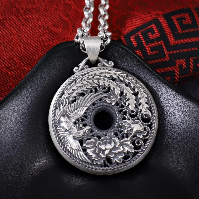 Pure 999 Fine Silver Pendant For Women Men Dragon Phoenix Filigree Crafts Pendant 13g