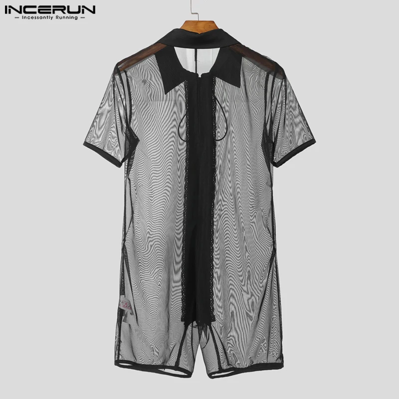 INCERUN 남성 바디수트 메쉬 패치워크 레이스 시스루 레이스업 섹시 롬퍼 남성 플레이수트 여름 2025 라펠 반팔 바디수트