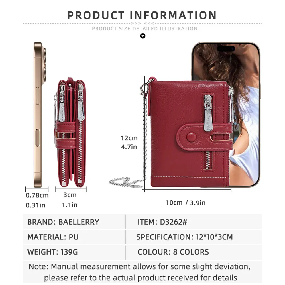 새로운 고품질 여성 짧은 지갑 더블 지퍼 동전 주머니 여성 지갑 신용 카드 소지자 체인과 여성 지갑