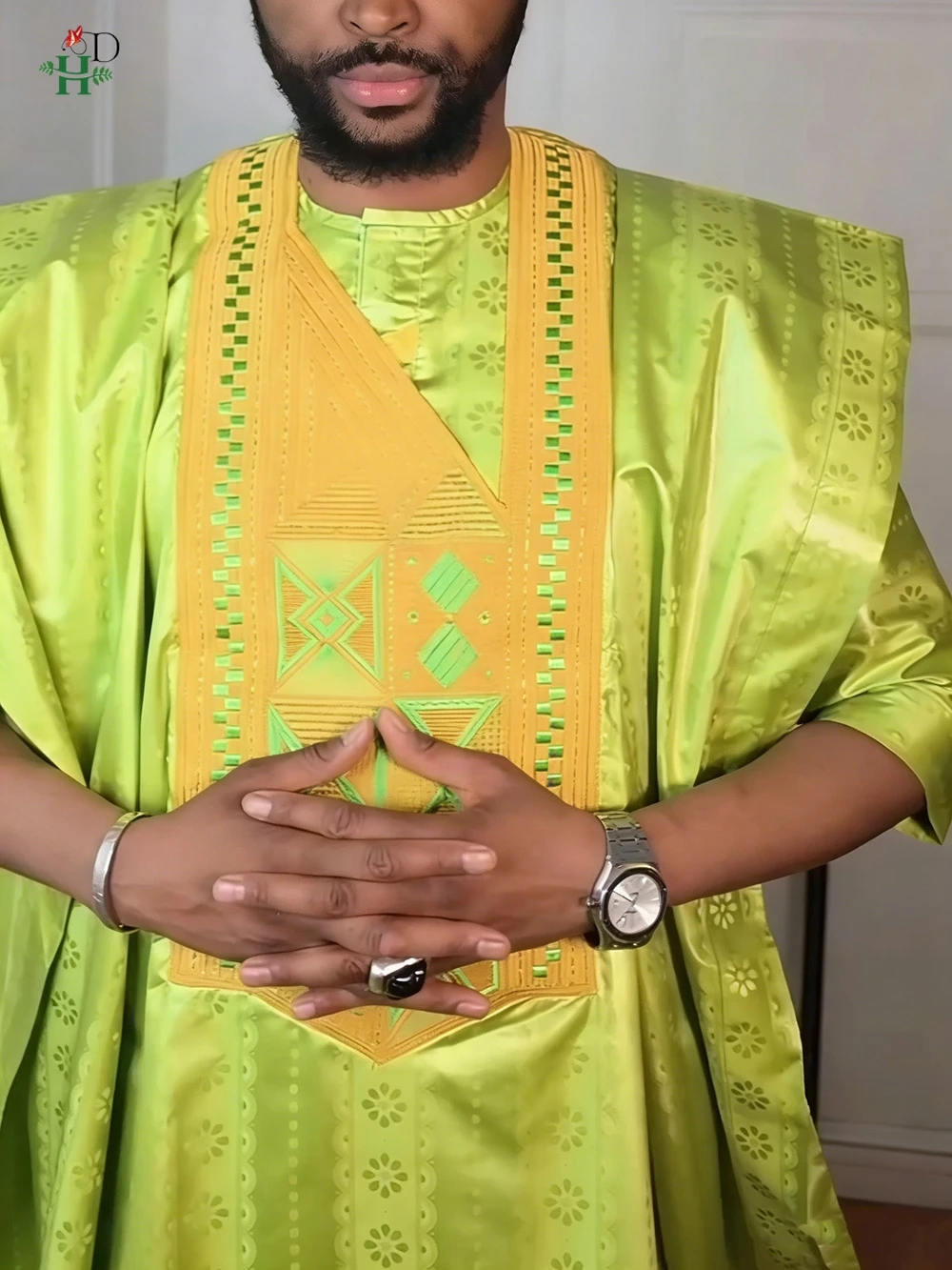H & D-ropa africana para hombre, conjuntos tradicionales de Agbada, 3 uds., camisa verde Bazin Riche, pantalón bordado, trajes de fiesta de boda de talla grande