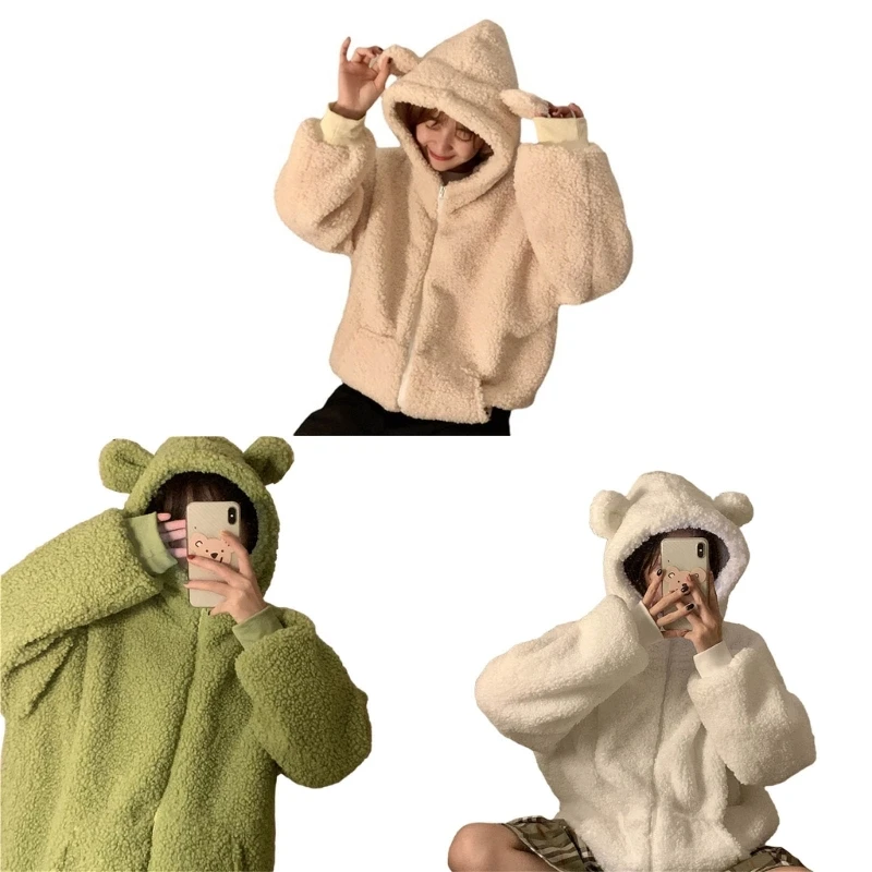 

Women Fleece Hoodie Bear Ear Oversized Sweatshirt Coat with Pockets N7YE