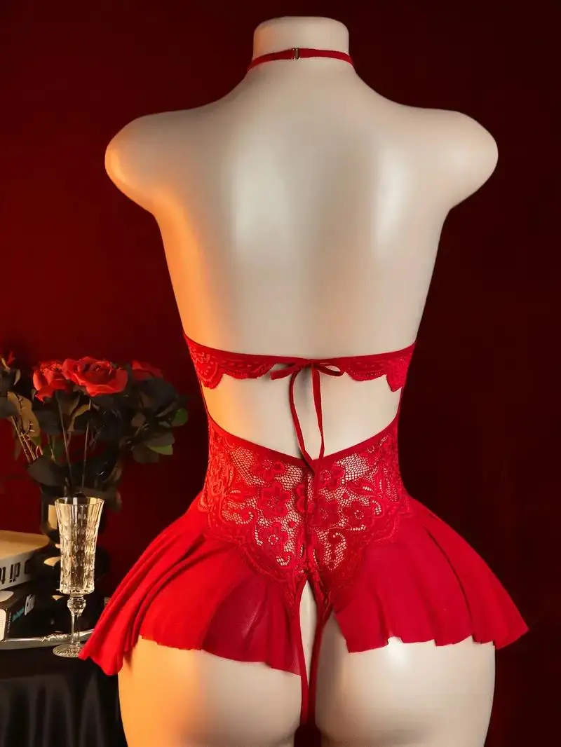 Vermelho feminino aberto bodysuit crotchless sexy tentação adulto lingerie erótica pijamas rendas trajes sexuais profundo decote em v roupa interior quente
