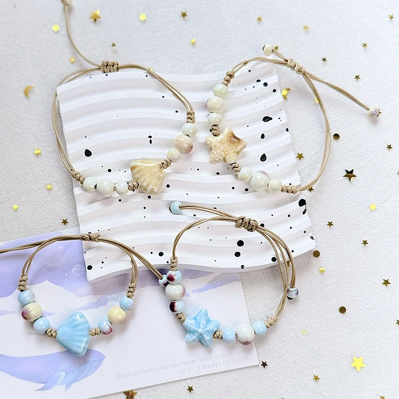 اليدوية قابل للتعديل مطرز أساور للنساء بوهو الملونة الصقيل نجم البحر قذيفة السيراميك الخرز سوار فتاة حزب مجوهرات هدية
