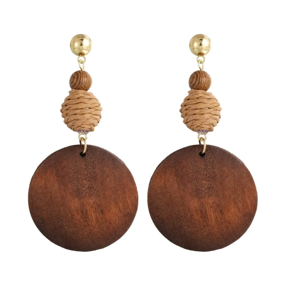 New Boho Wooden Drop Earrings Flower Brown Woven Tassel Earrings Aesthetic Hollow Out Beads Dangle Earrings Women Accessories