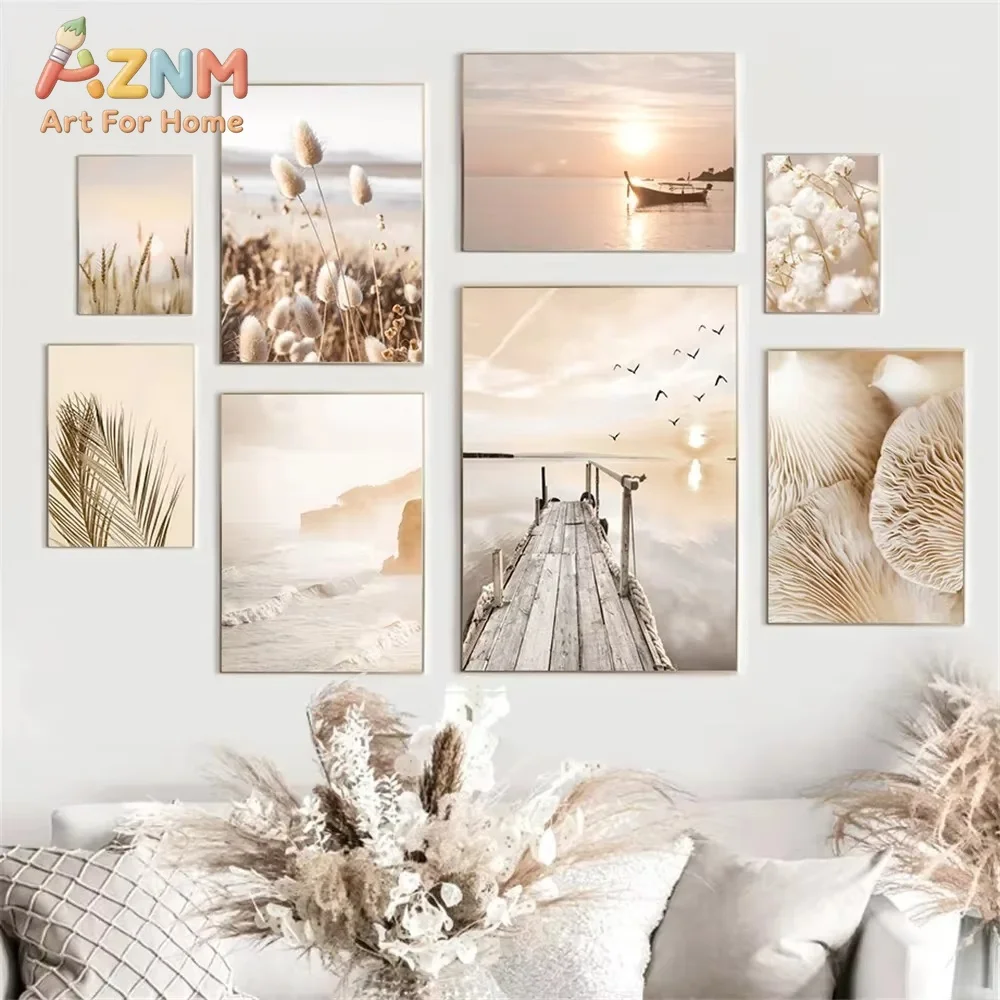 AZNM Frameless 2D Flat Beige Coastal Sunset Beach Scenery Canvas Print, Reusable Neutral‑tone Seascape Living Room Wall Art Deco