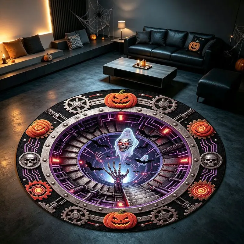 VIKAMA Halloween Round Rug Gear Portal Skull Neon 3D Illusion Non Slip Area Rug Living Room Spooky Decor Washable Durable Unique