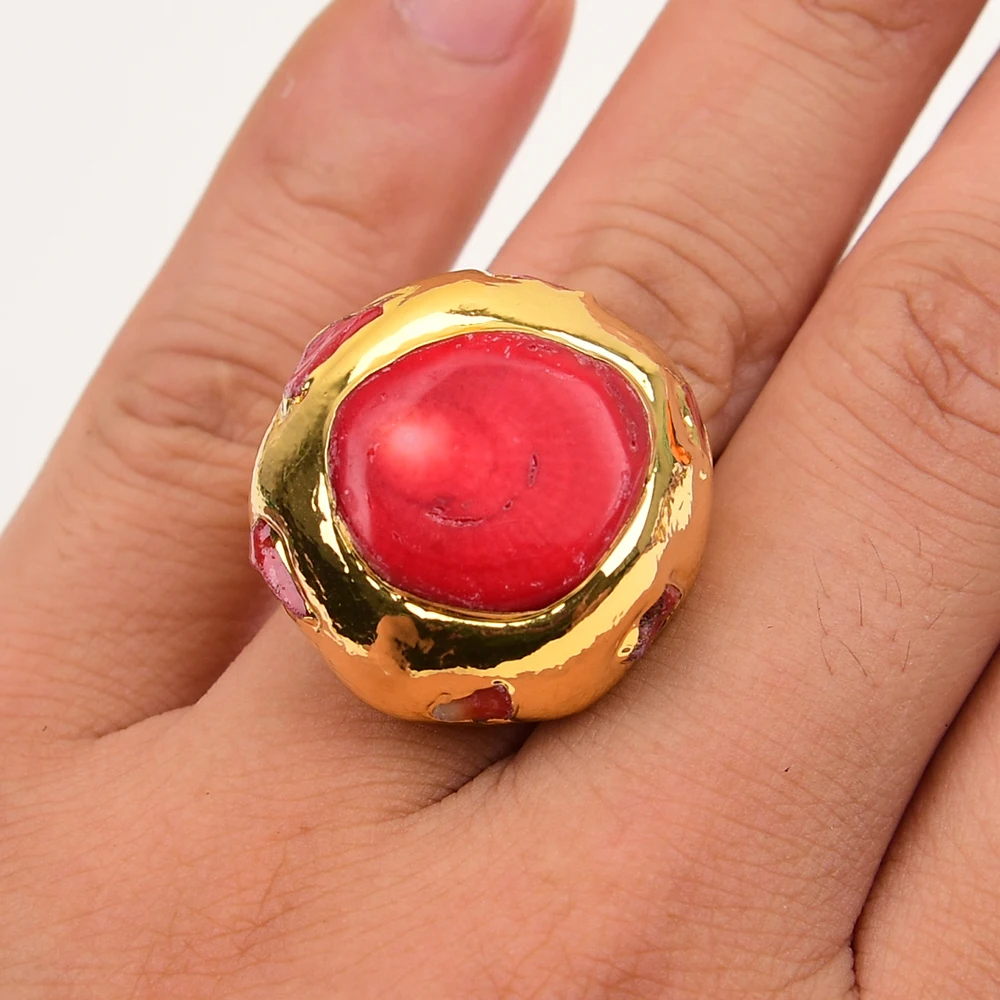 G-G Natural Red Coral Nugget Gold Plated Edge Paved Rings Adjustable Gems Ring Handmade For Women