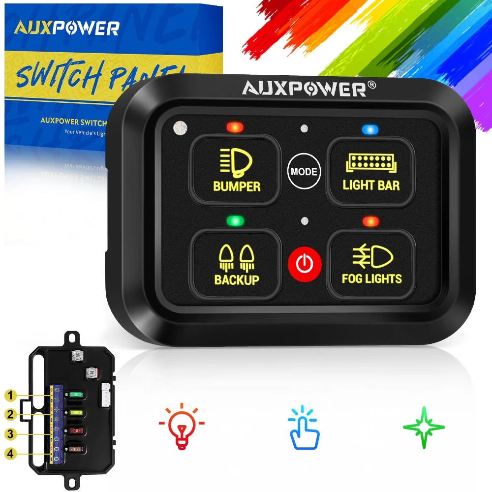 

4 Gang ON/OFF Switch Panel Circuit Control Box LED Light Bar / Headlights / Tail Light ContrOL System For Jeep/Chevy/GMC