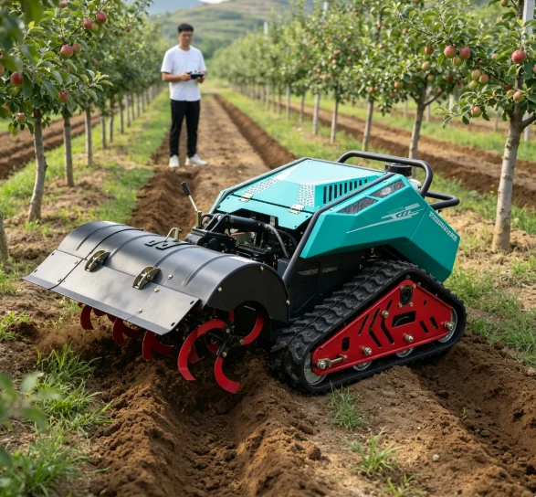 Orchard Farm RC Tracked Rotary Tiller Cultivator Trencher with Flail Mower 13kW 48V 23Ah Battery