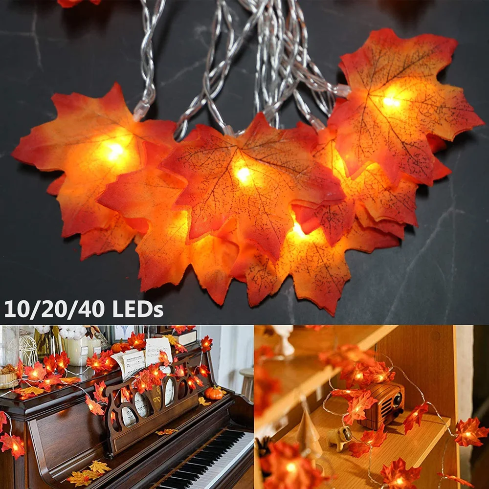 10/20/40 LED Artificial Maple Leaves Fairy Lights Autumn Leaf Garland String Light For Christmas Halloween Party Fall Decoration