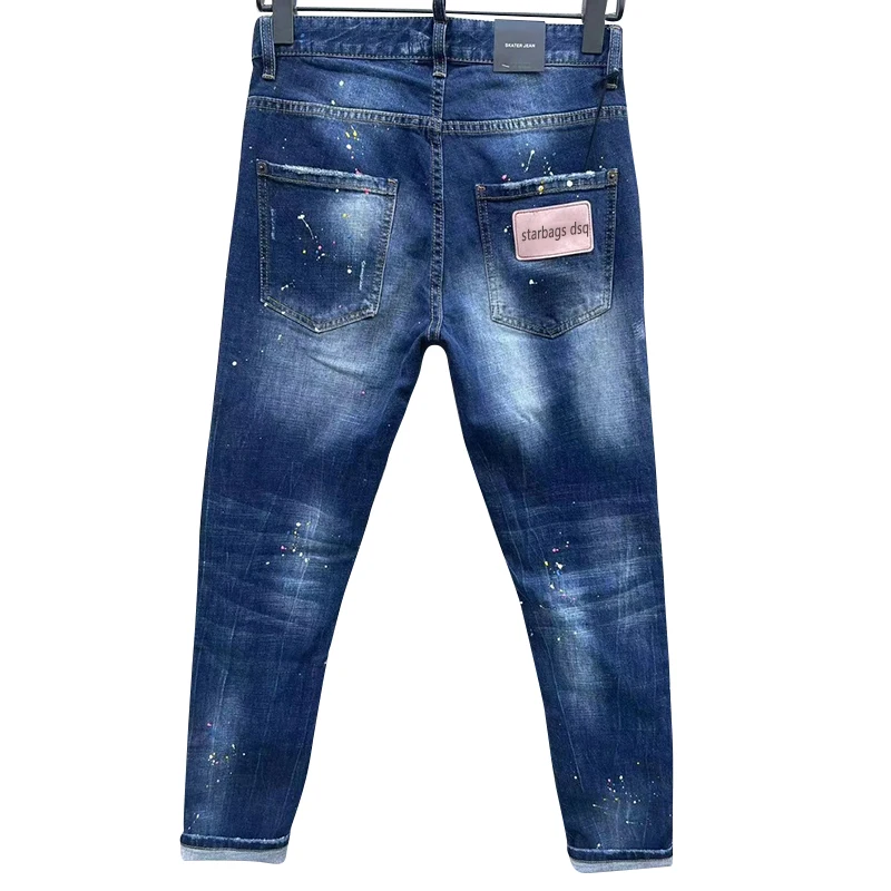 Harper dsq c011 Jeans da uomo Punk Rock Speckle D2 Patch perforato Hot Diamond piedini elastici blu Slim Fit pantaloni rock alla moda