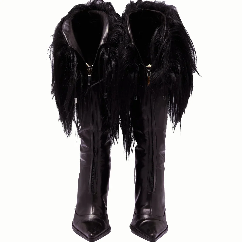 

Fashionable Pointed-Toe Black Leather Front-Zip Knee-High Women's Boots Feather Trim at the Boot Opening Stiletto Heels Boots