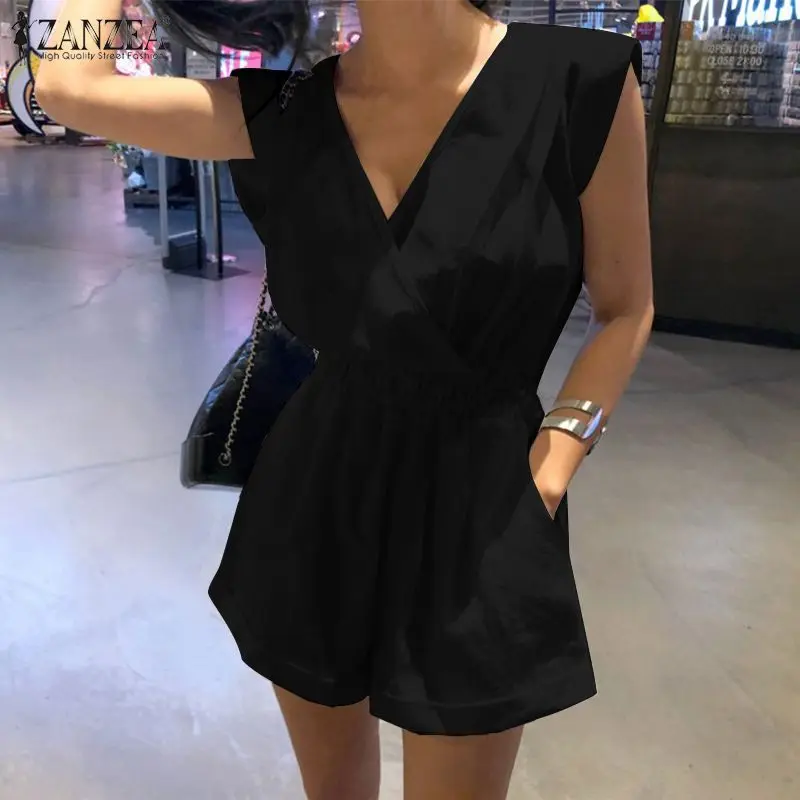 2022 Nieuwe Vrouwen V-hals Backless Mouwloze Casual Elastische Taille Jumpsuit Katoen En Linnen Materiaal Forens High Street Wear