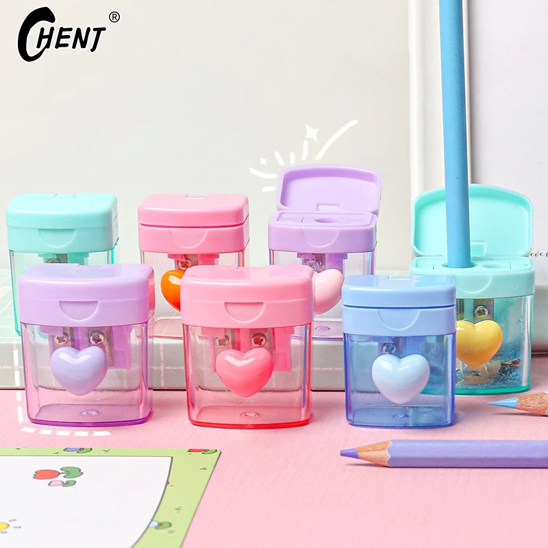 Macaron Cartoon Elementary School Student Pencil Sharpener Love Rotating Pencil Sharpener Transparent With Cover