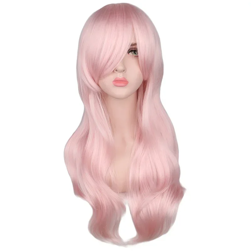 

QQXCAIW Long Curly Wig Women Cosplay Light Pink Heat Resistant Synthetic Hair Wigs Halloween Costume Hair Fake Hairpieces