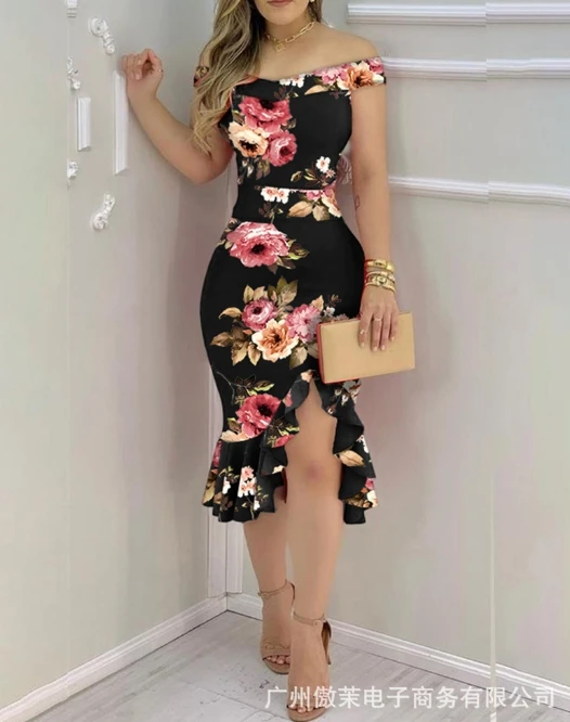 Women's Sweet Dress 2024 Spring Summer Latest Chic Flower Print Sexy Elegant One Line Collar Splicing Tight Hip Wrapped Skirt