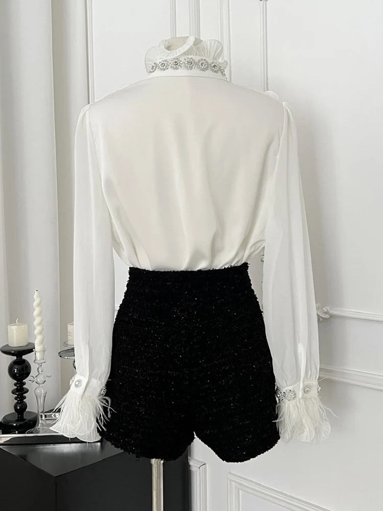 Blusa de penas de strass de luxo para mulheres primavera verão branco manga longa camisa com gola babados chiffon tops 2025 INKEO 5T009