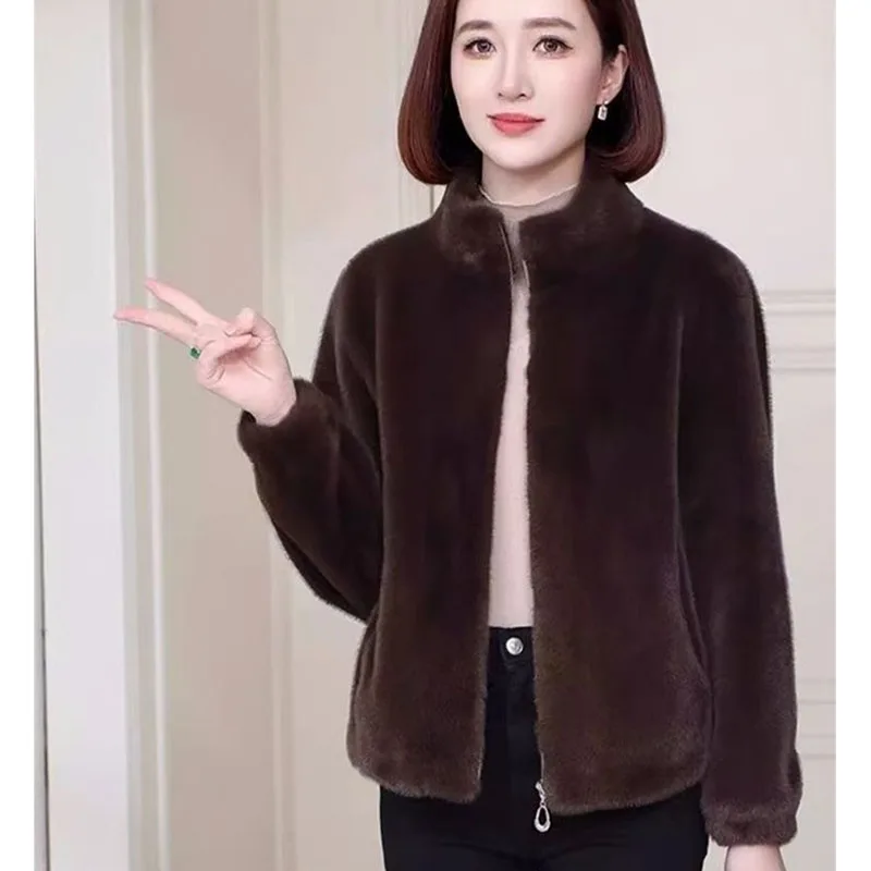 Koreański płaszcz damski ze sztucznego futra ze stójką, moda damska 2025, duży rozmiar 5XL, futrzana odzież wierzchnia, jesienno-zimowa, damska, codzienna, pluszowa kurtka.