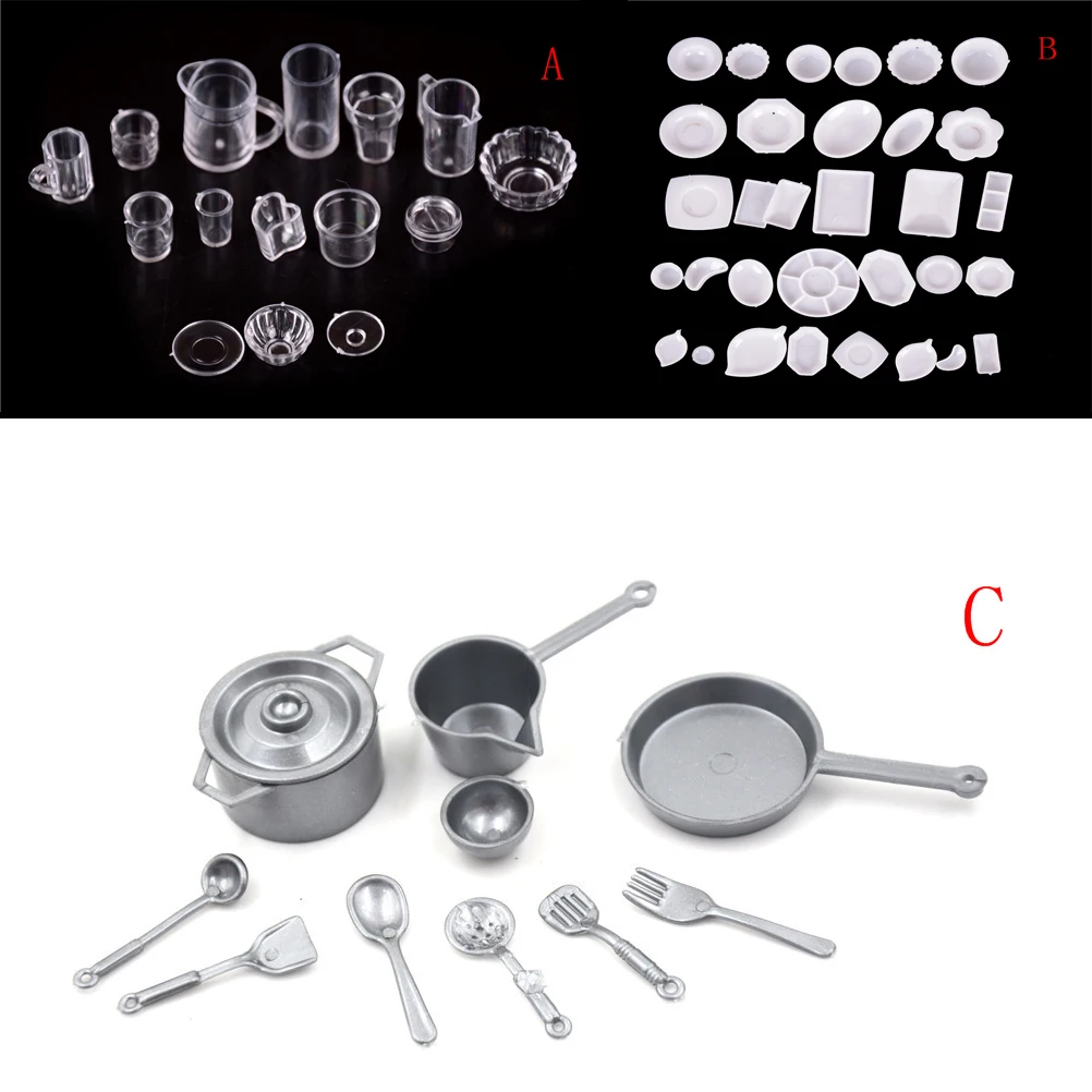 10pcs/15pcs 1:12 Dollhouse Plate Cup Dish Bowl Tableware Set Dollhouse Mini Kitchen Toy Pan Spoon Fork Model Toy Accessories