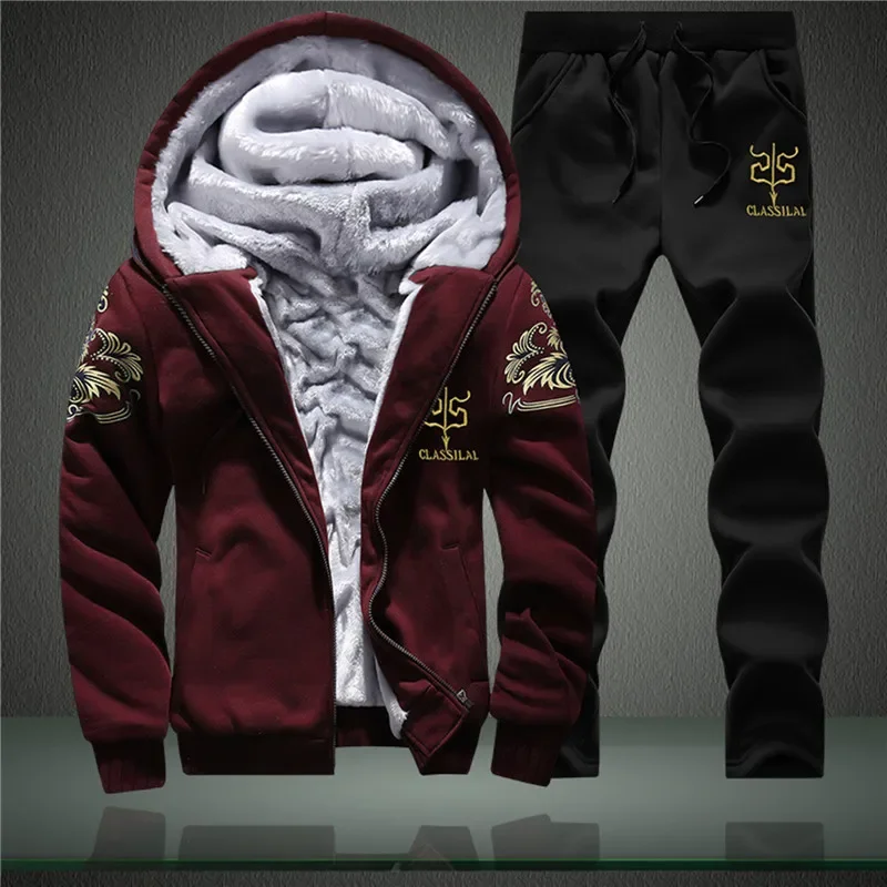 Winter New Men Plush Sports Suit Tracksuit Hooded Sportswear Zipper Cardigan Hooded Woolen Trousers Pants Casual Men Sets