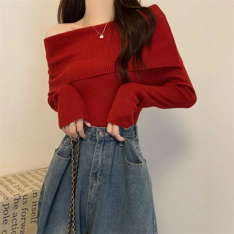 2023 Autumn and Winter Women\'s Long Sleeved Pullover New Off Shoulder Sweater Screw Thread Solid Color Slim Fit Knitted Tops