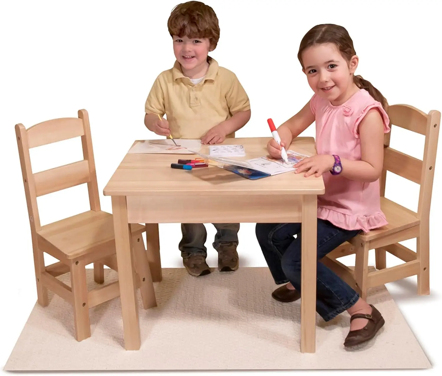 Solid Wood Table and 2 Chairs Set - Light Finish Furniture for Playroom