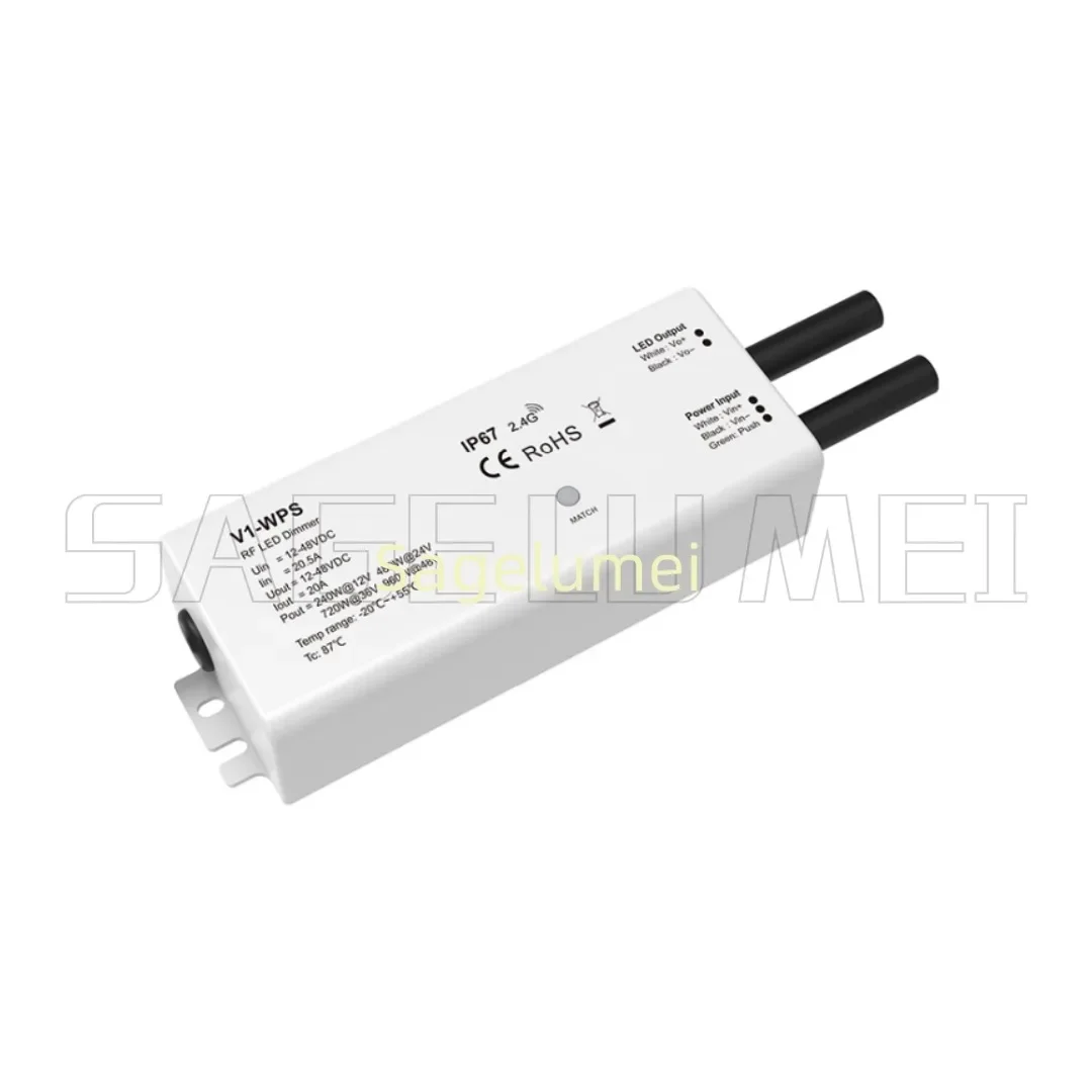 0 -100% Dimming SKYDANCE 12-48VDC IP67 Waterproof Controller 1CH*20A V1-WPS RF CV RF2.4GHz + push switch for Single color LED