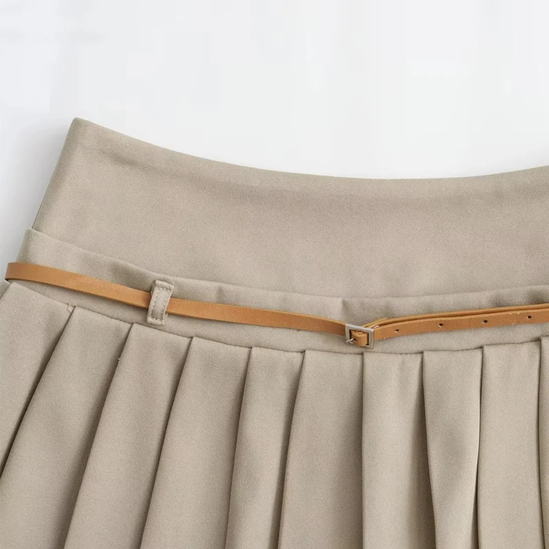 TRAF Mini Women Skirt Zipper Lady Pleated Skirt New In 2024 Summer With Belt Fashion Casual Elegant Office Women Clothing