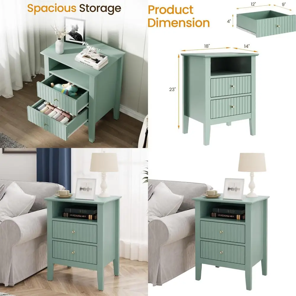 

Красочная рифленая тумбочка с 2 ящиками, современный деревянный столик для хранения небольших помещений, высокий приставной столик для дивана, молочно-зеленый