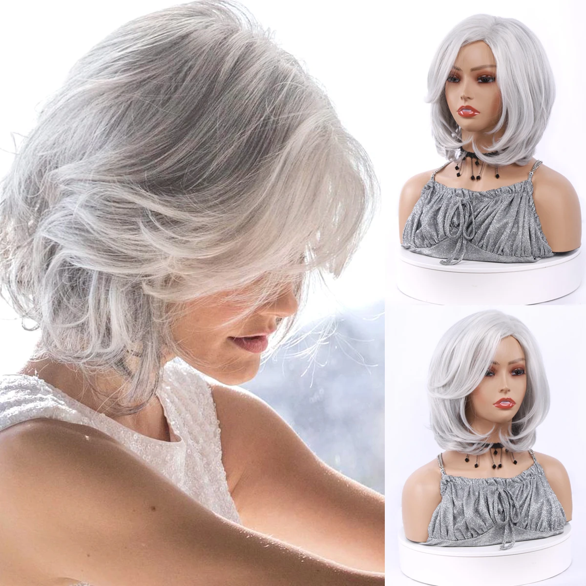 Short Wavy Synthetic Bob Hair for Mommy Daily Grey headband Wigs Natural Ombre Silver Short Curly Wigs for Women's wigs Grandma