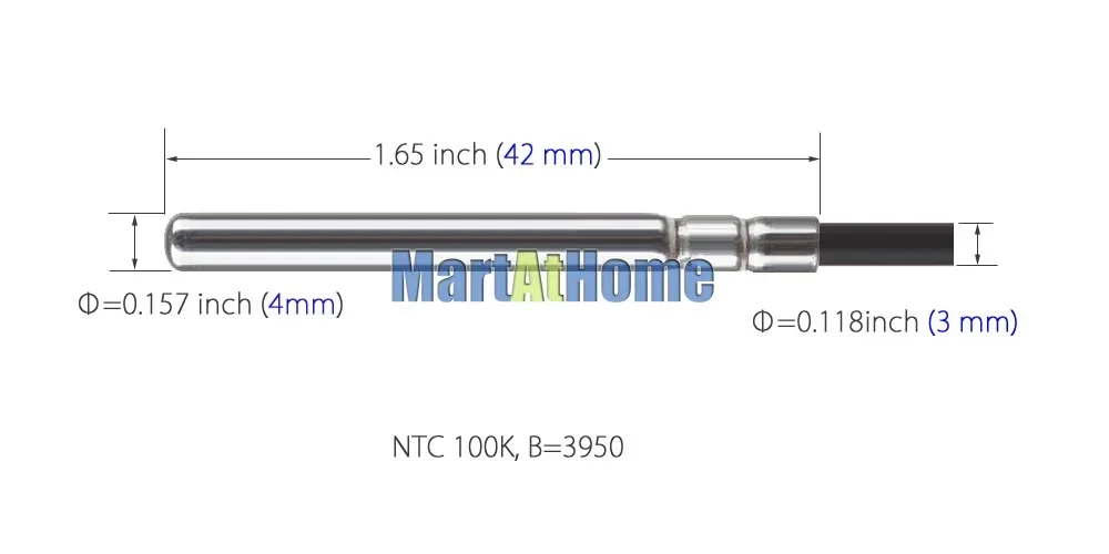 Sonde de capteur de température en acier inoxydable, thermistance étanche-22 à 572 F / -30 à 300 C NTC 100K B = 3950 avec câble @ CF 5 pièces