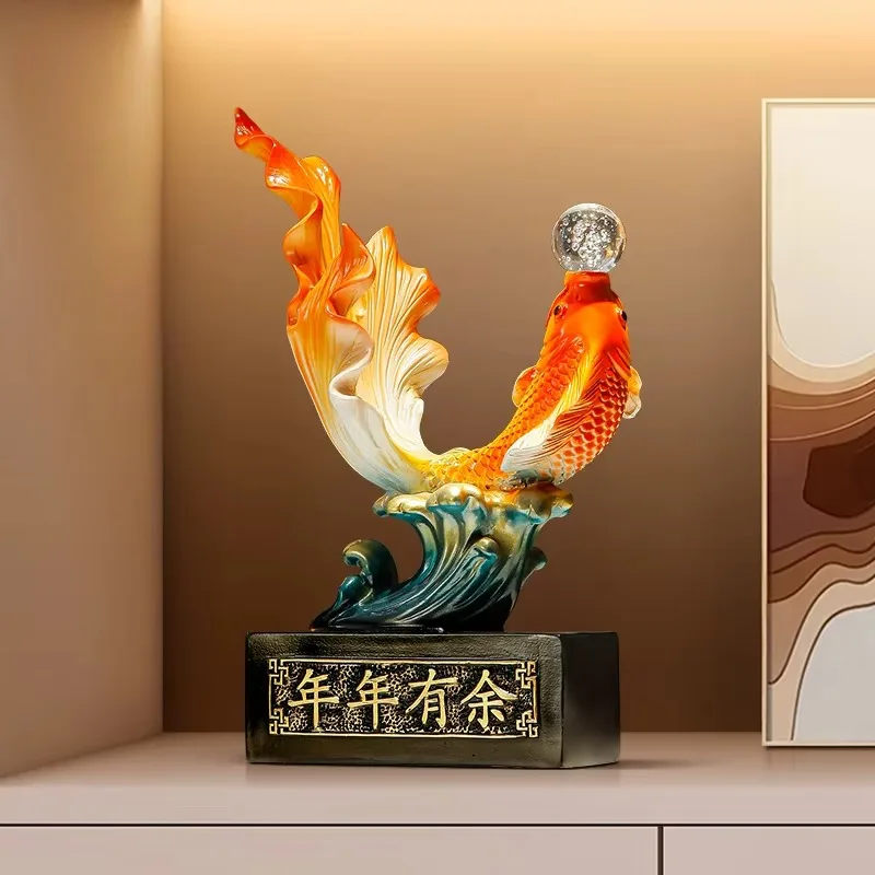 Leaping Goldfish Desktop Decor Ornament Wave Base Crystal Sphere Tabletop Display Craft Gradient Fin Vivid Scale Carving