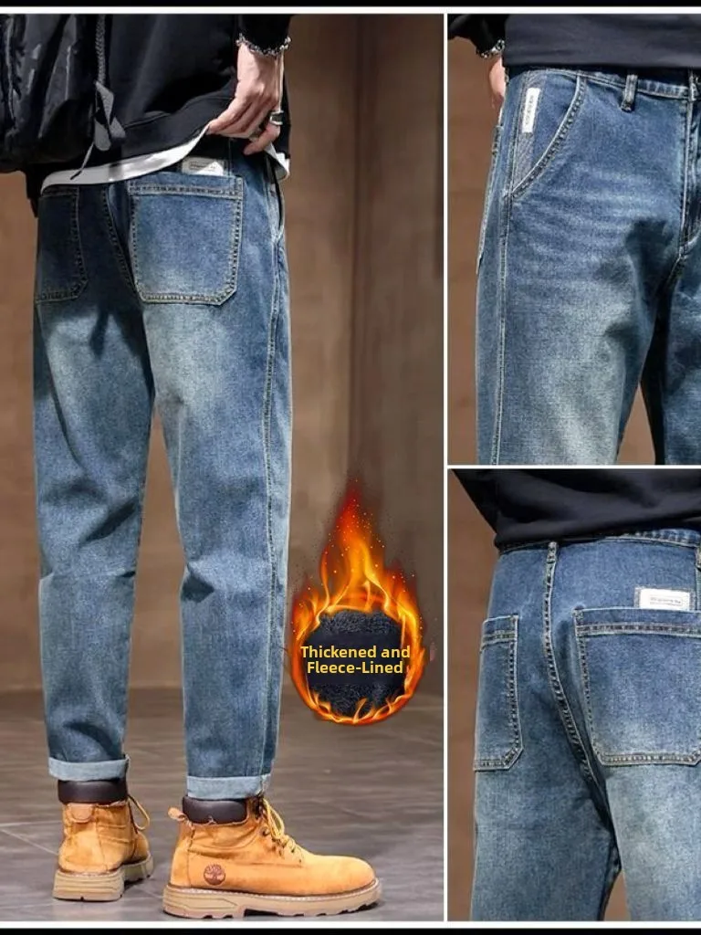 

Fleece Lined Retro Men's Jeans Straight Leg Loose Fit Elastic Work Pants Autumn Winter Casual Cotton Stretch Denim Jeans