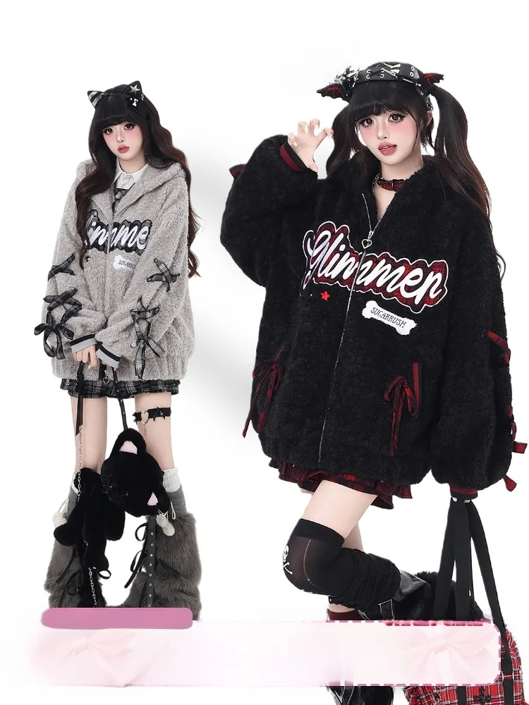 

Crazygirl Thiened Lamb Velvet Warm Coat Letter Tie Design Winter Women's Outerwear Long Sve Zipper Closure Cotton Jaet