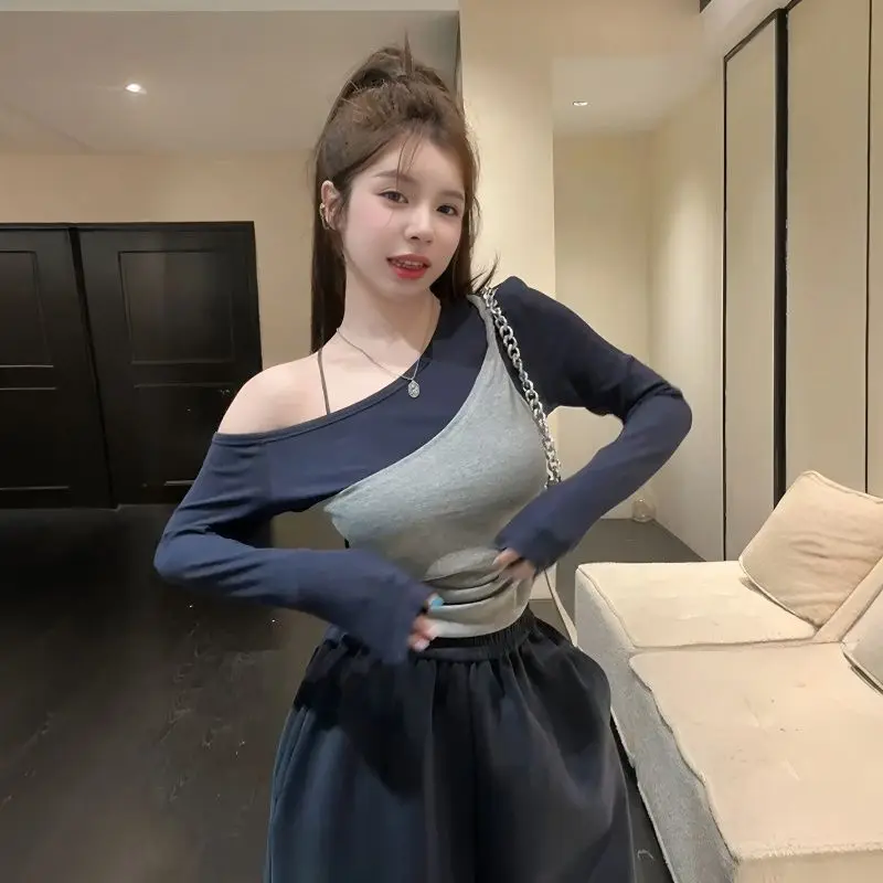 

2025 Women's Y2K Off-Shoulder Color Block Top - Slim Fit Long Sleeve Asymmetric Shirt, Edgy Streetwear for Spring Autumn emo