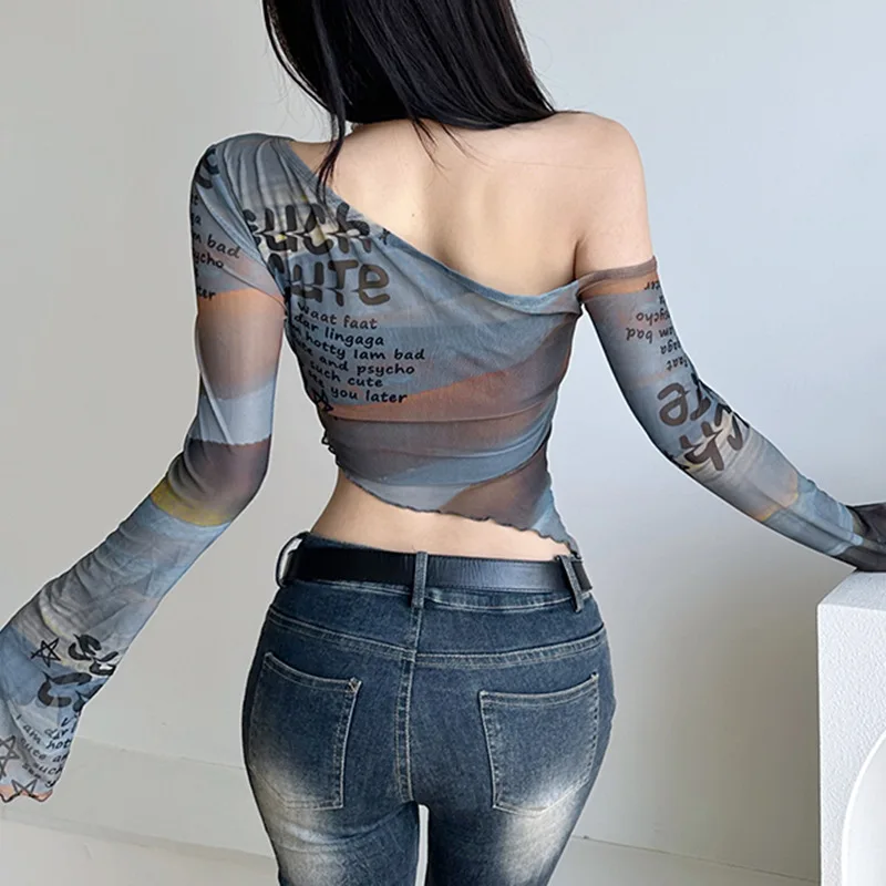 Oblique Shoulder Halo Dye Contrast Letter Printing T-shirt Light Mesh Flare Sleeve Irregular Open Umbilium Short Top