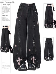 Damenbekleidung Schwarze Gothic Jeans 90er Jahre Ästhetische Y2k Oversize Denim Hose Vintage Harajuku Koreanische Emo 2000er Trashy Jean Hose