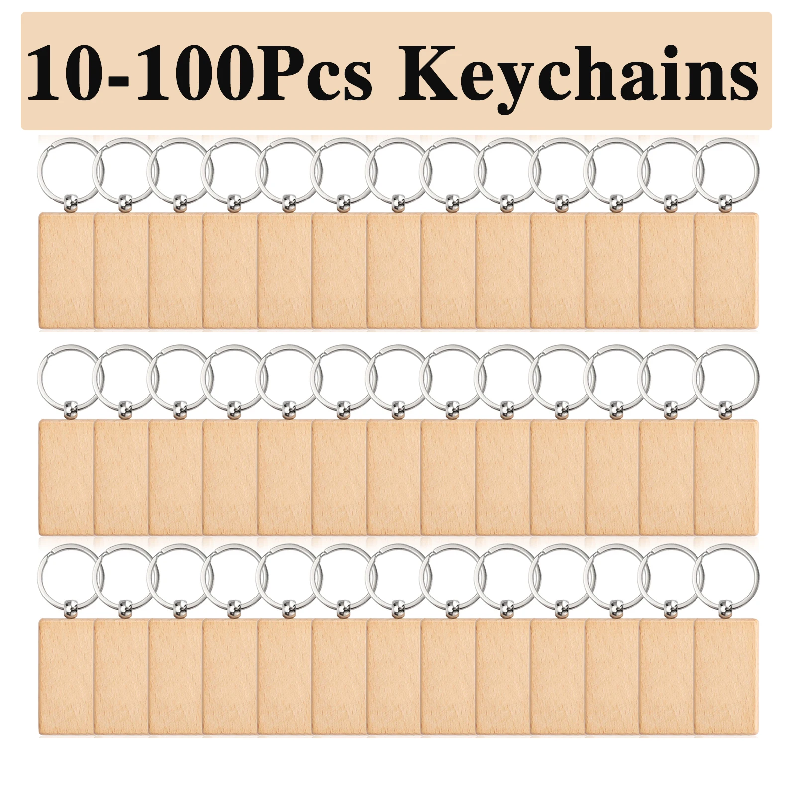 10-100Pcs Rectangular Blank Wooden Keychain Wood Key Chains Blank Wood Key Ring Suitable For Gift