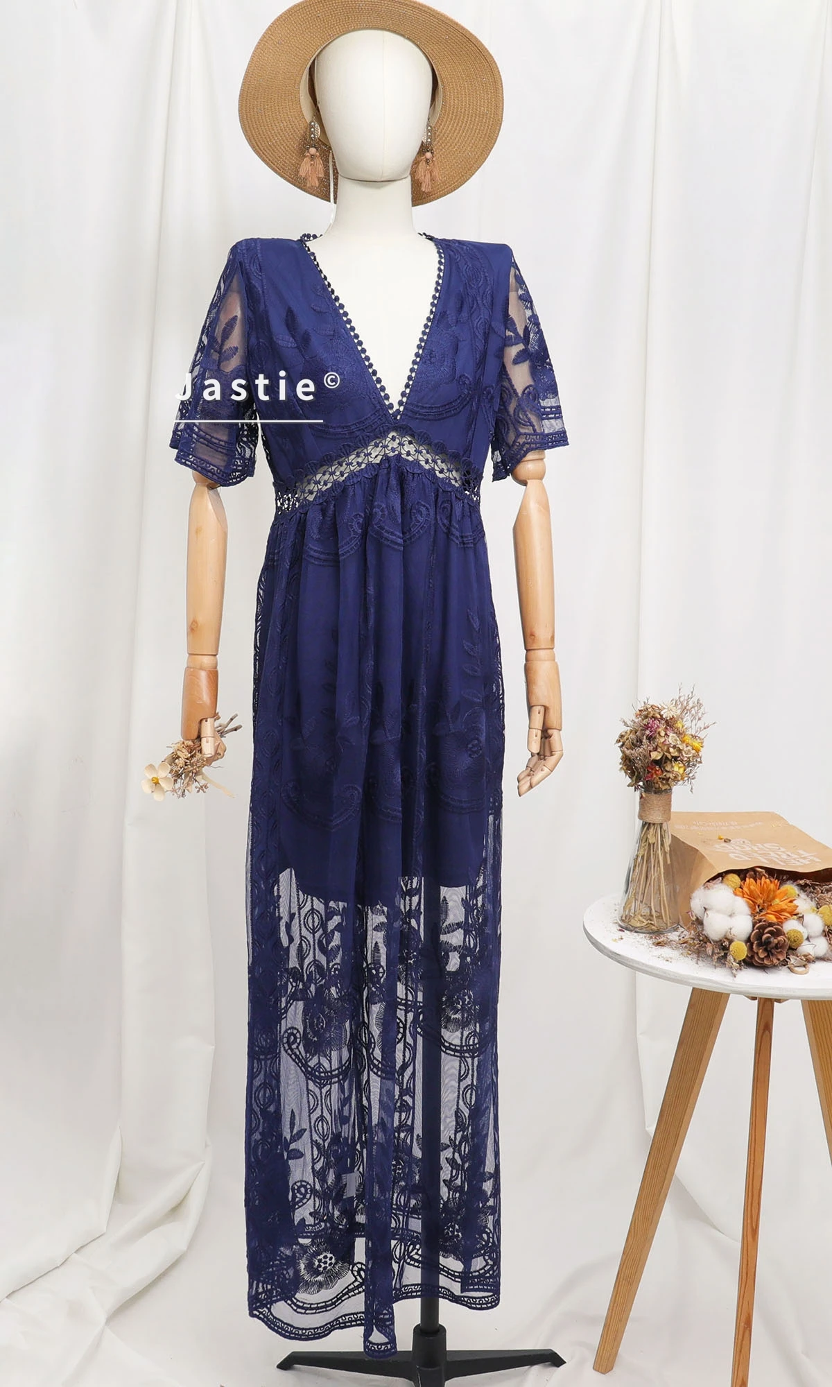 Blu navy estate Boho donna maxi abito ampio ricamo pizzo tunica lunga abito da spiaggia vacanza vacanza abbigliamento donna 2026
