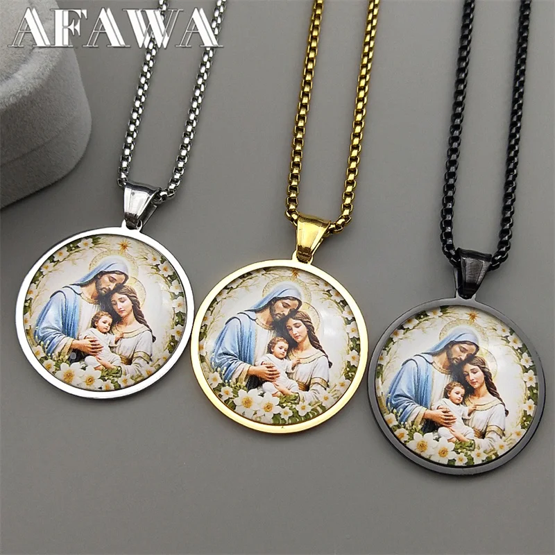 مريم العذراء الطفل يسوع الزجاج ميدالية قلادة مستديرة للنساء الرجال الفولاذ المقاوم للصدأ الذهب اللون سانت جوزيف تميمة المجوهرات #2
